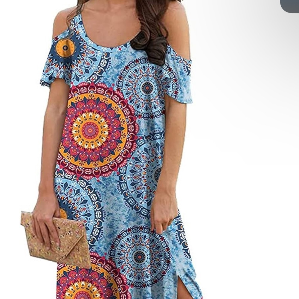 Sherosa 2XL Women's Maxi Dress Cold Shoulder Bohemian Beautiful Print EUC